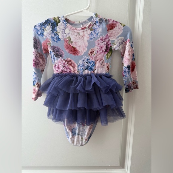 Posh Peanut Floral Long Sleeve Bodysuit w Purple Tulle Skirt in Annie print 3-6 - Picture 5 of 6